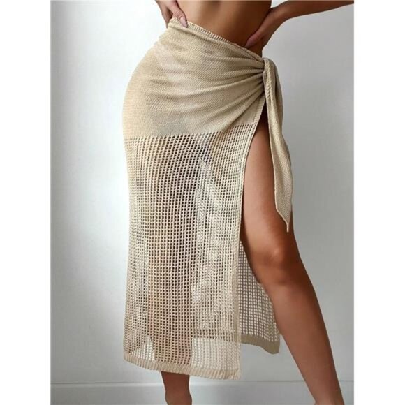 Women's Tie Side Hollow Out Beach Swimsuit Crochet Sarong Wrap Cover Up Skirt - Picture 3 of 6